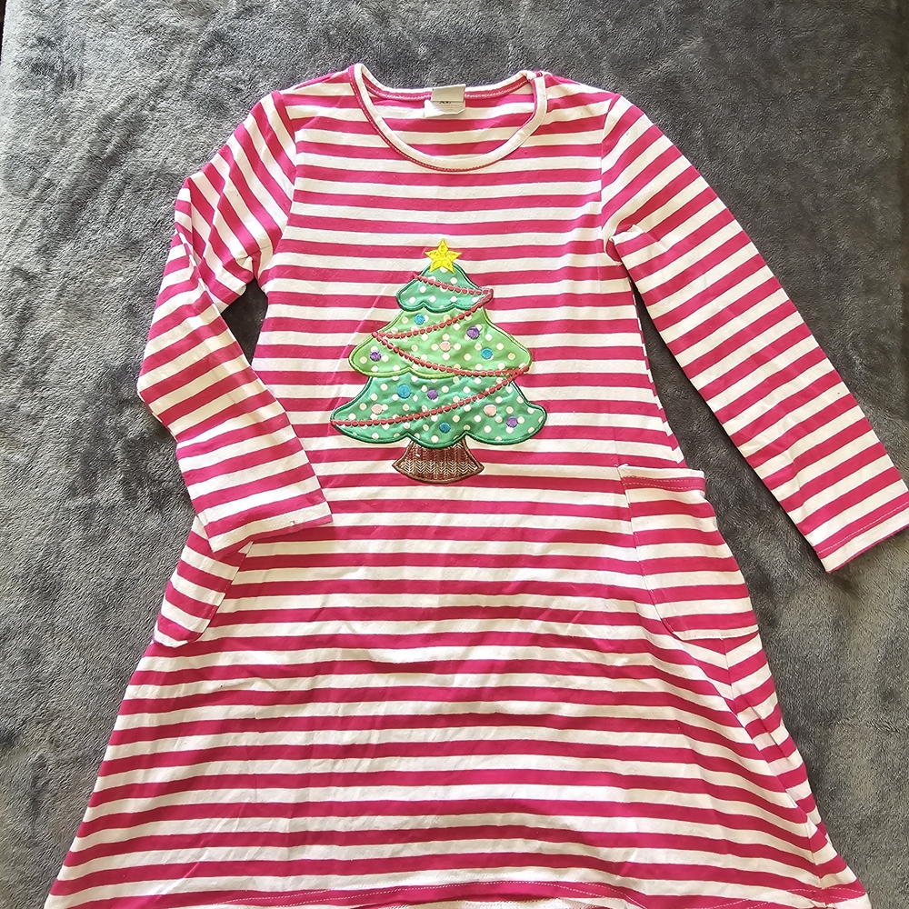 Pink and White Striped Dress with Christmas Tree Design